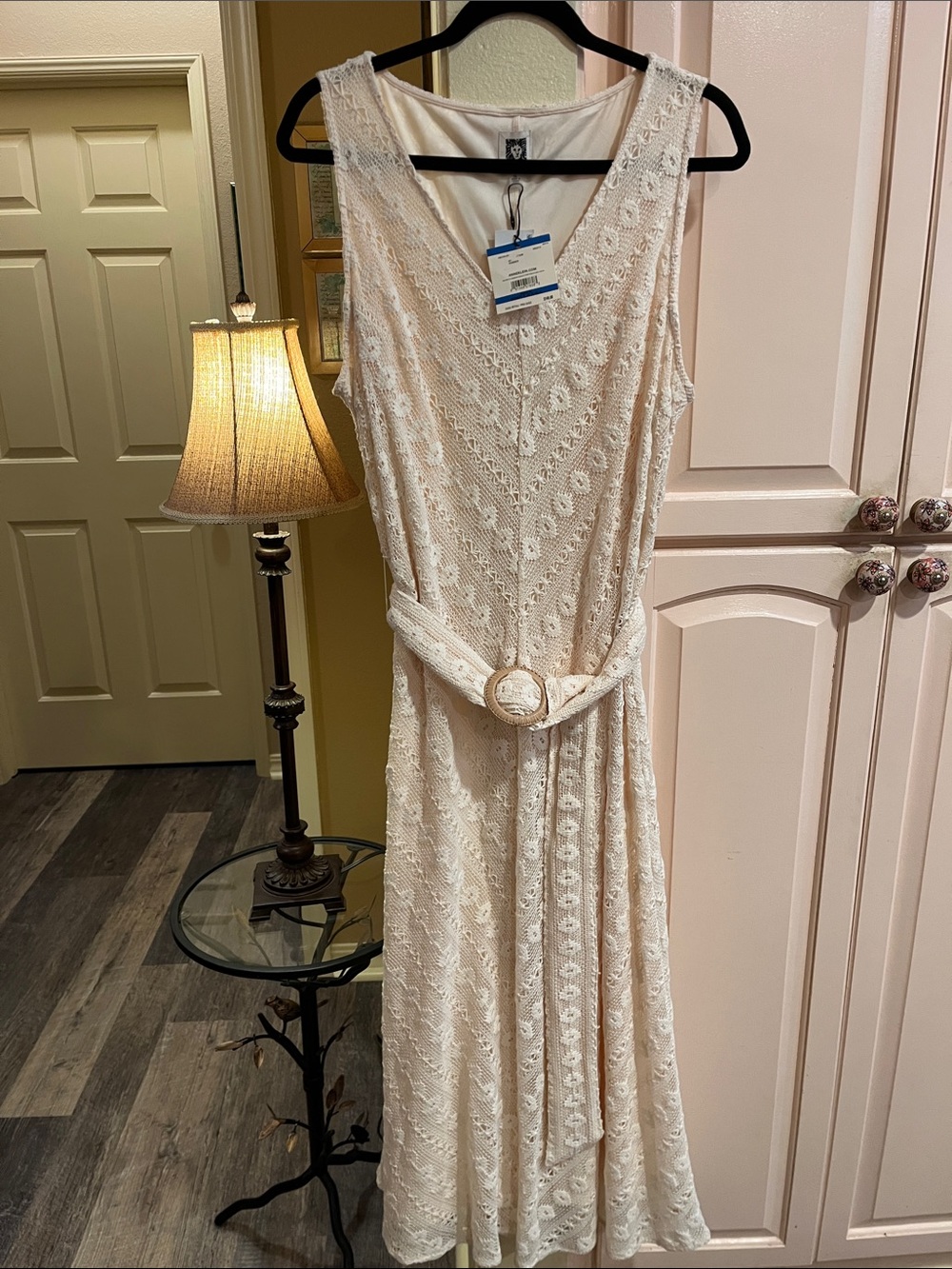 Anne Klein Cream Lace midi or maxi Dress with Buckle Belt see photos for flaw